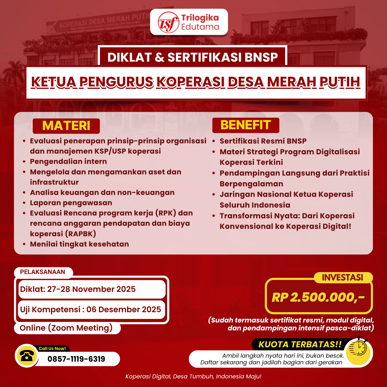 Diklat & Sertifikasi BNSP "KETUA PENGURUS KOPERASI DESA MERAH PUTIH" Full Online